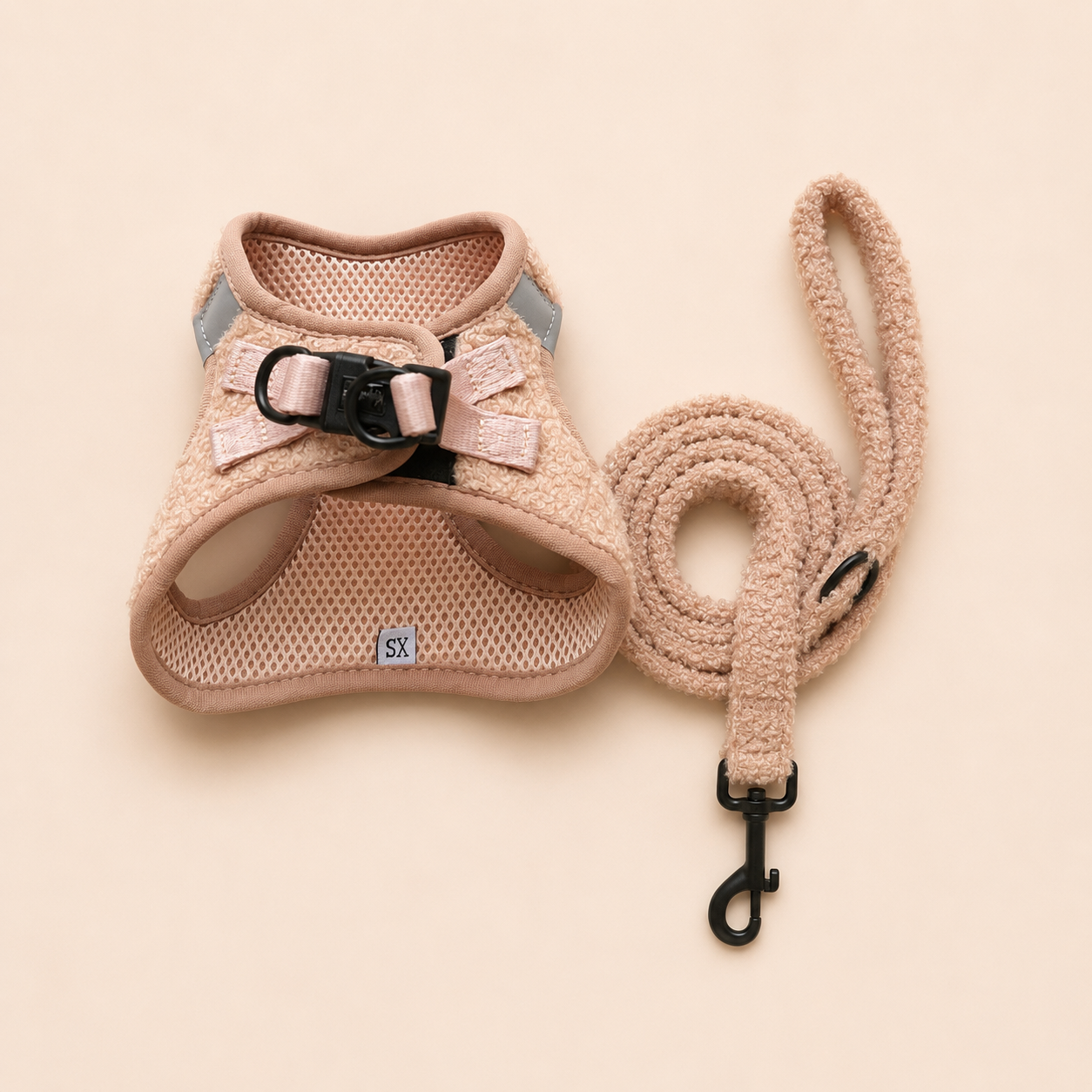 Beige teddy walk set voor honden met tuigje en bijpassende riem