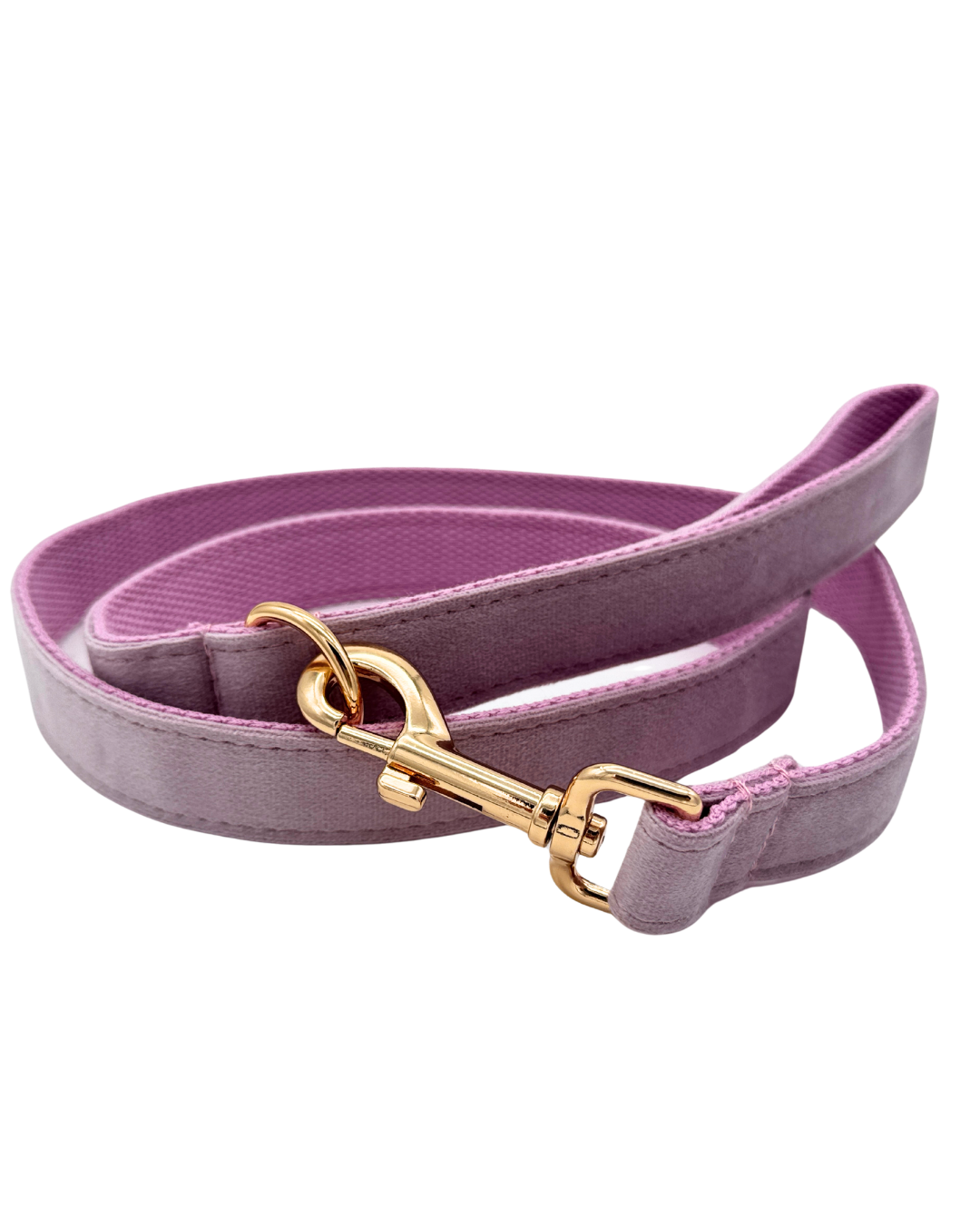 Lavendelkleurige hondenriem met goudkleurige sluiting, zachte en elegante kleur voor stijlvolle honden.