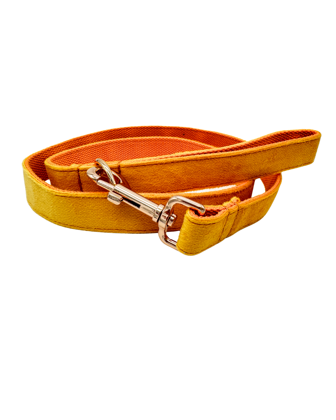 Tumeric gele hondenriem met goudkleurige haak, opvallend en trendy design voor zonnige wandelingen.