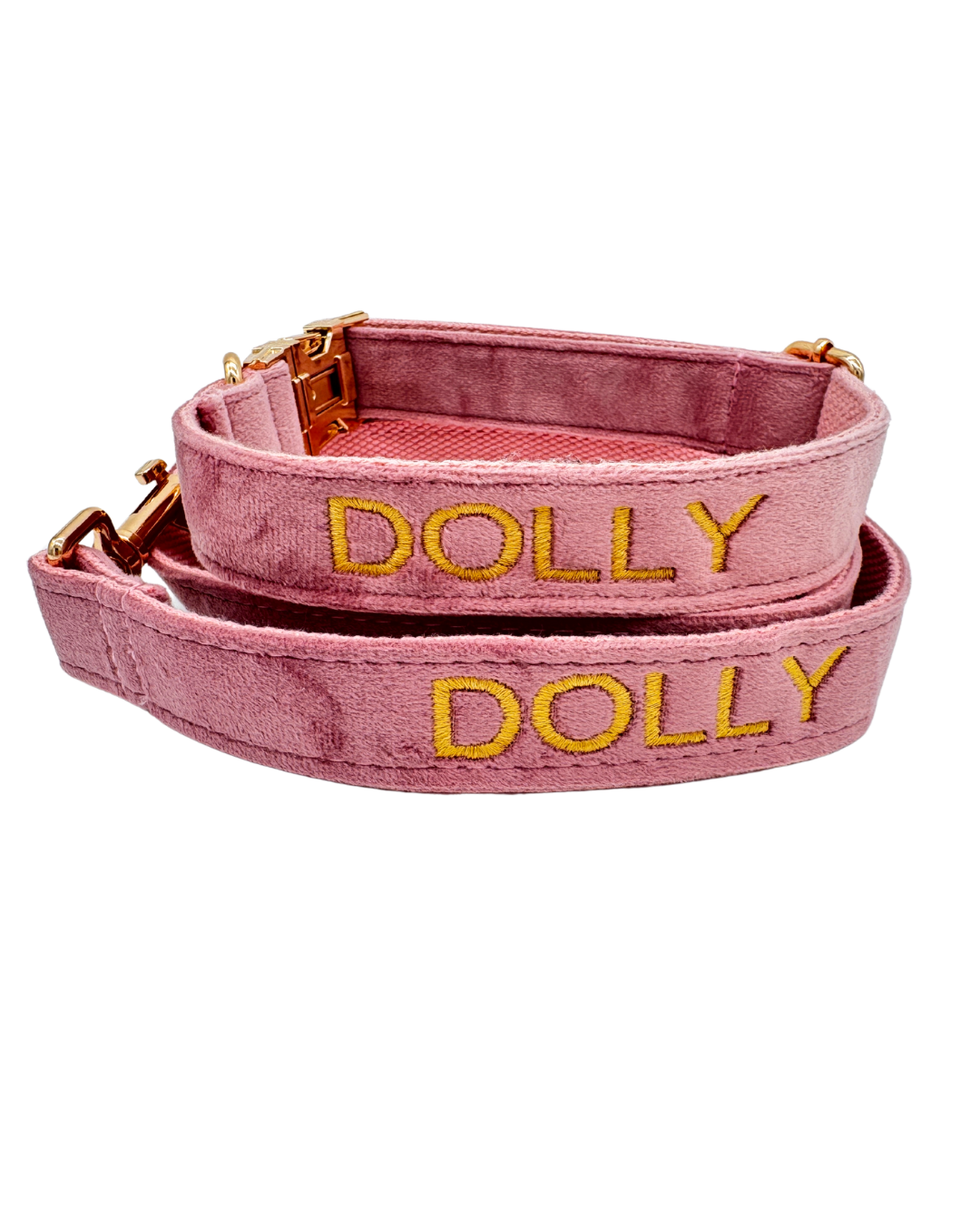 Roze hondenhalsband met roségoudkleurige gesp en zachte voering, geschikt voor kleine tot middelgrote honden.