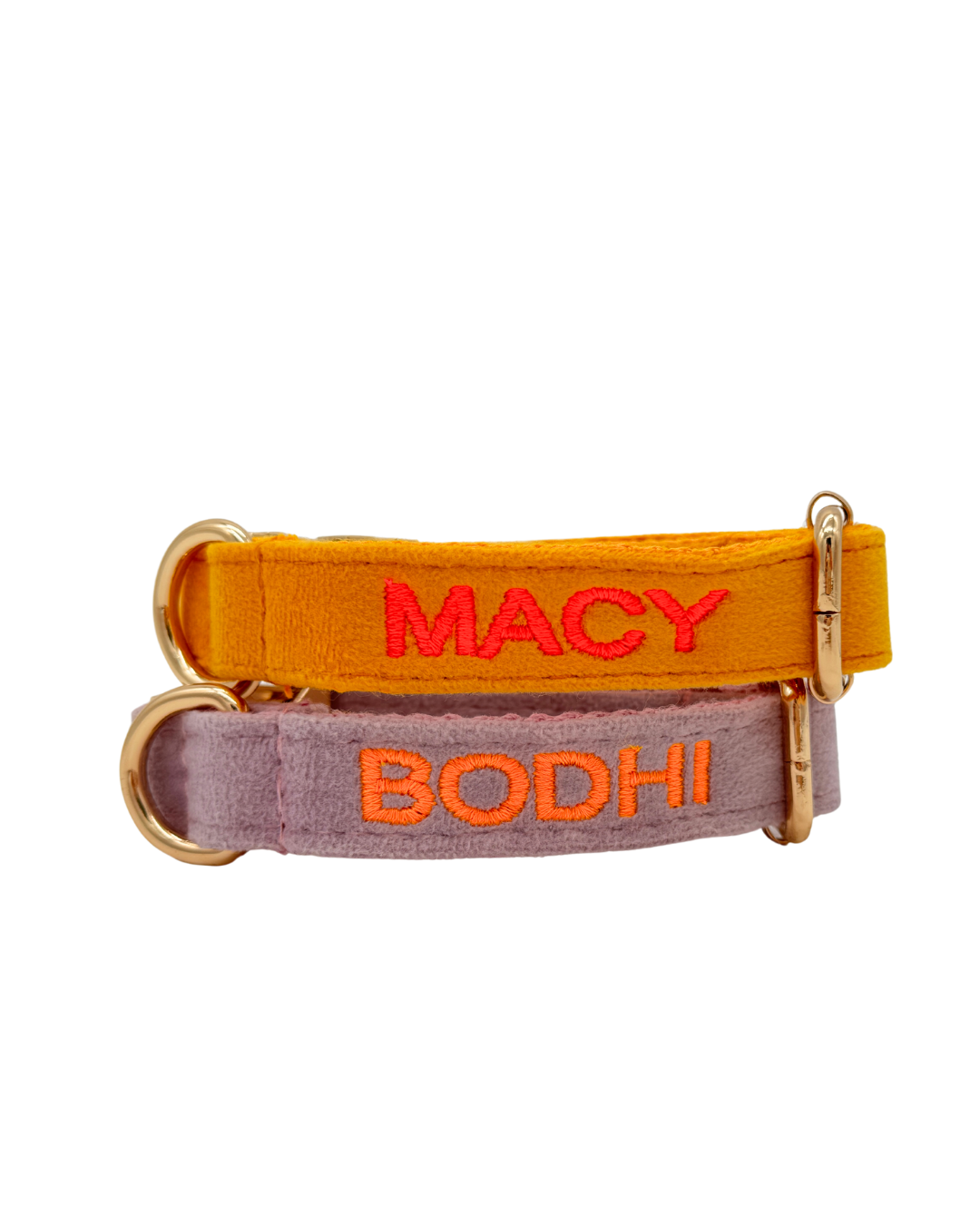 Okergele hondenhalsband met goudkleurige gesp en zachte fluwelen finish, een echte eyecatcher voor jouw hond.